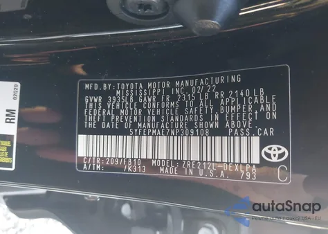 2022 Toyota Corolla Le z USA, uszkodzony, nr VIN 5YFEPMAE7NP309108